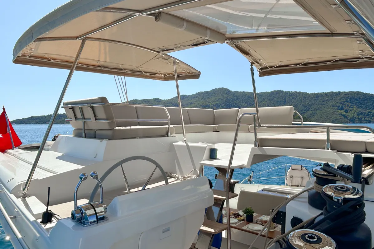 Cockpit of Angara, a Fountaine Pajot Tanna 47 catamaran at Marmaris, Turkey
