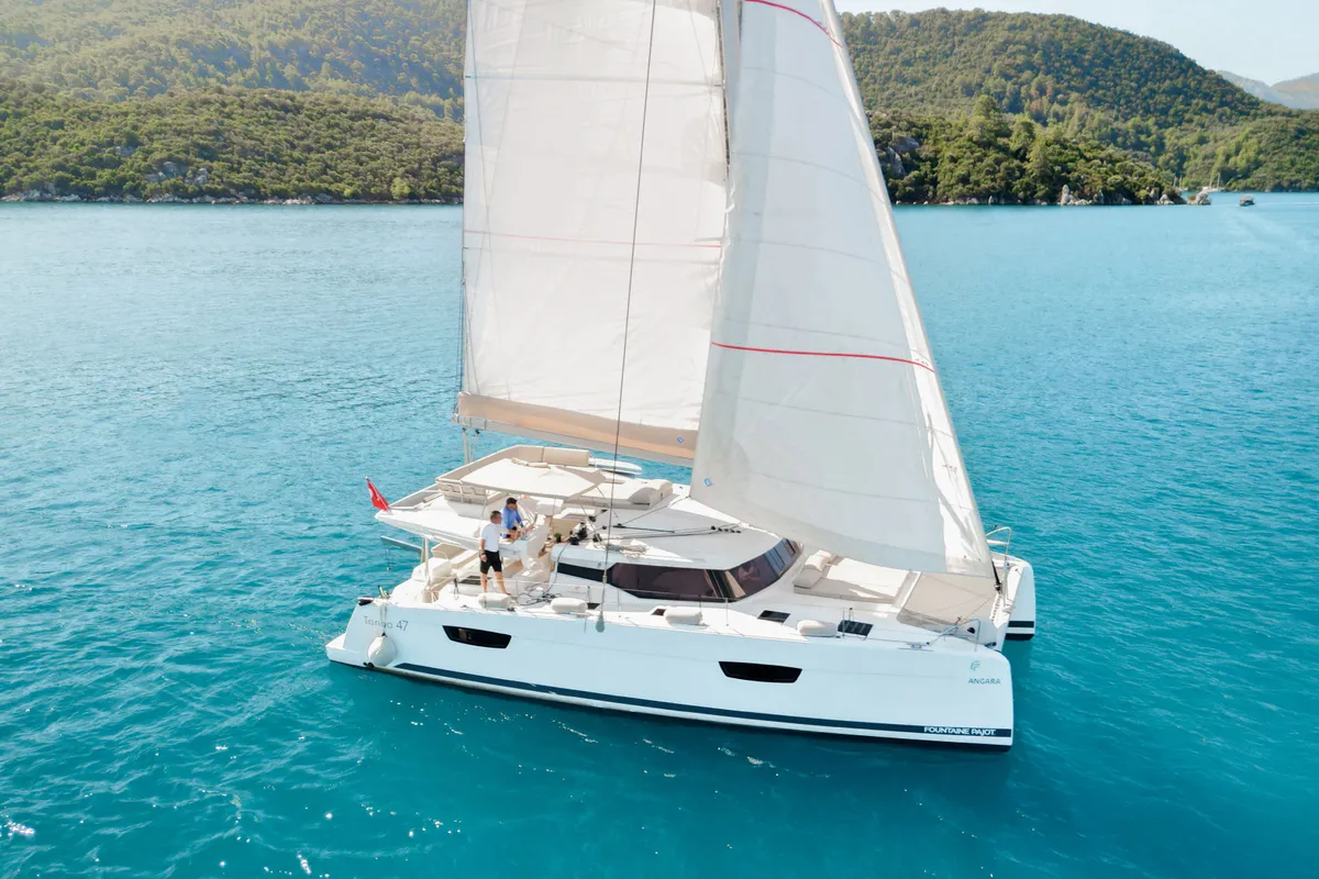 Exterior view of Angara, a Fountaine Pajot Tanna 47 catamaran at Marmaris, Turkey