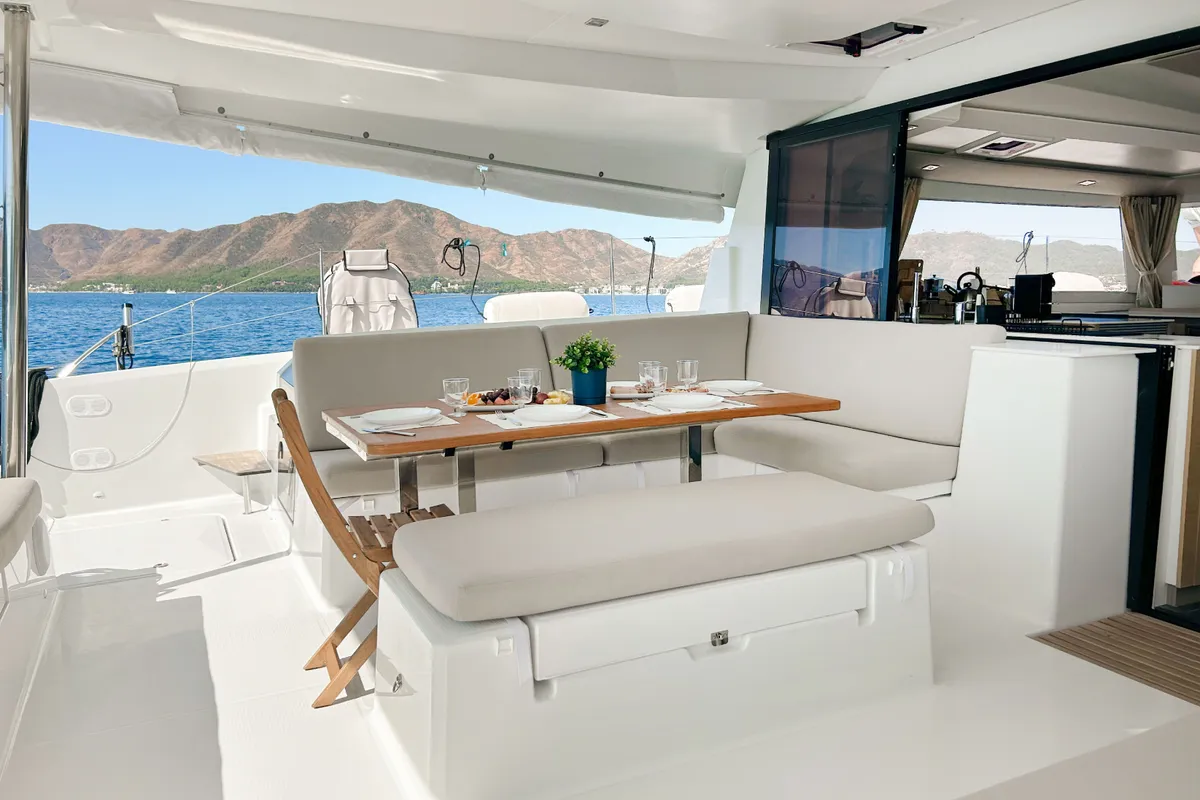 Deck of Angara, a Fountaine Pajot Tanna 47 catamaran at Marmaris, Turkey