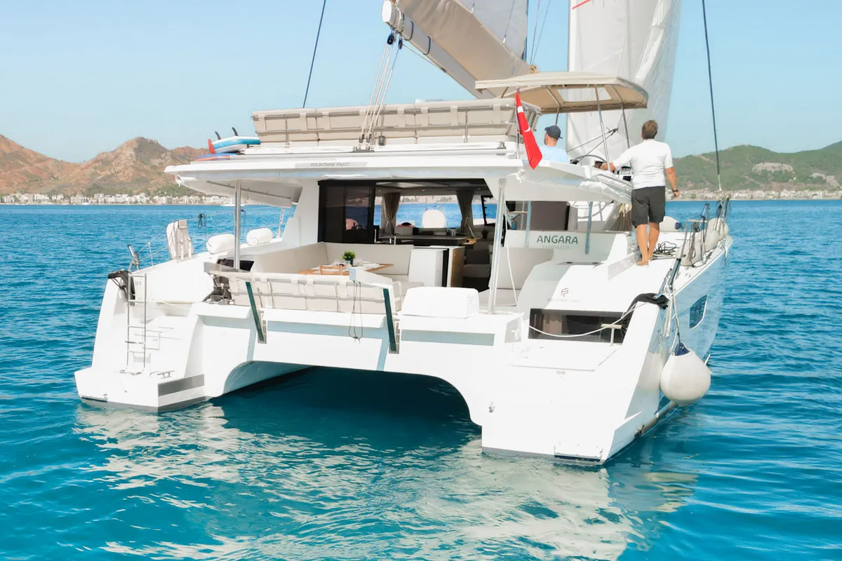 Exterior view of Angara, a Fountaine Pajot Tanna 47 catamaran at Marmaris, Turkey