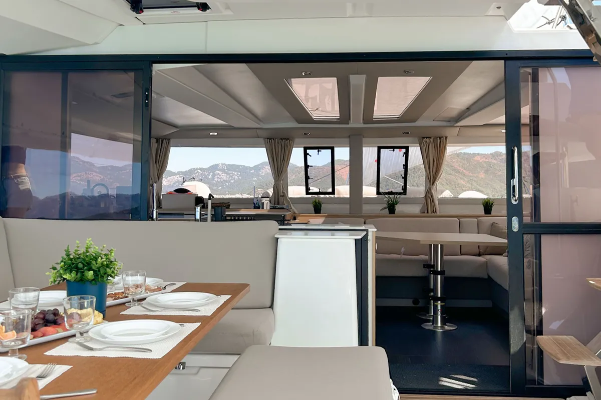 Salon of Angara, a Fountaine Pajot Tanna 47 catamaran at Marmaris, Turkey