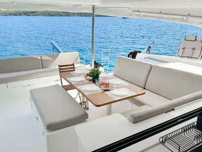 Deck of Angara, a Fountaine Pajot Tanna 47 catamaran at Marmaris, Turkey