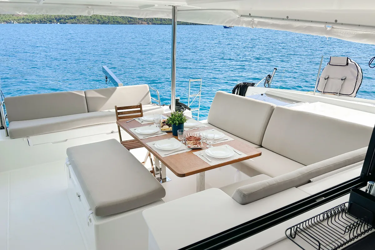 Deck of Angara, a Fountaine Pajot Tanna 47 catamaran at Marmaris, Turkey