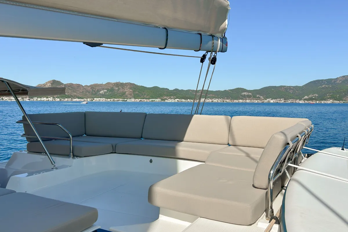 Deck of Angara, a Fountaine Pajot Tanna 47 catamaran at Marmaris, Turkey