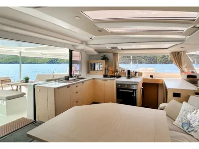 Galley of Angara, a Fountaine Pajot Tanna 47 catamaran at Marmaris, Turkey
