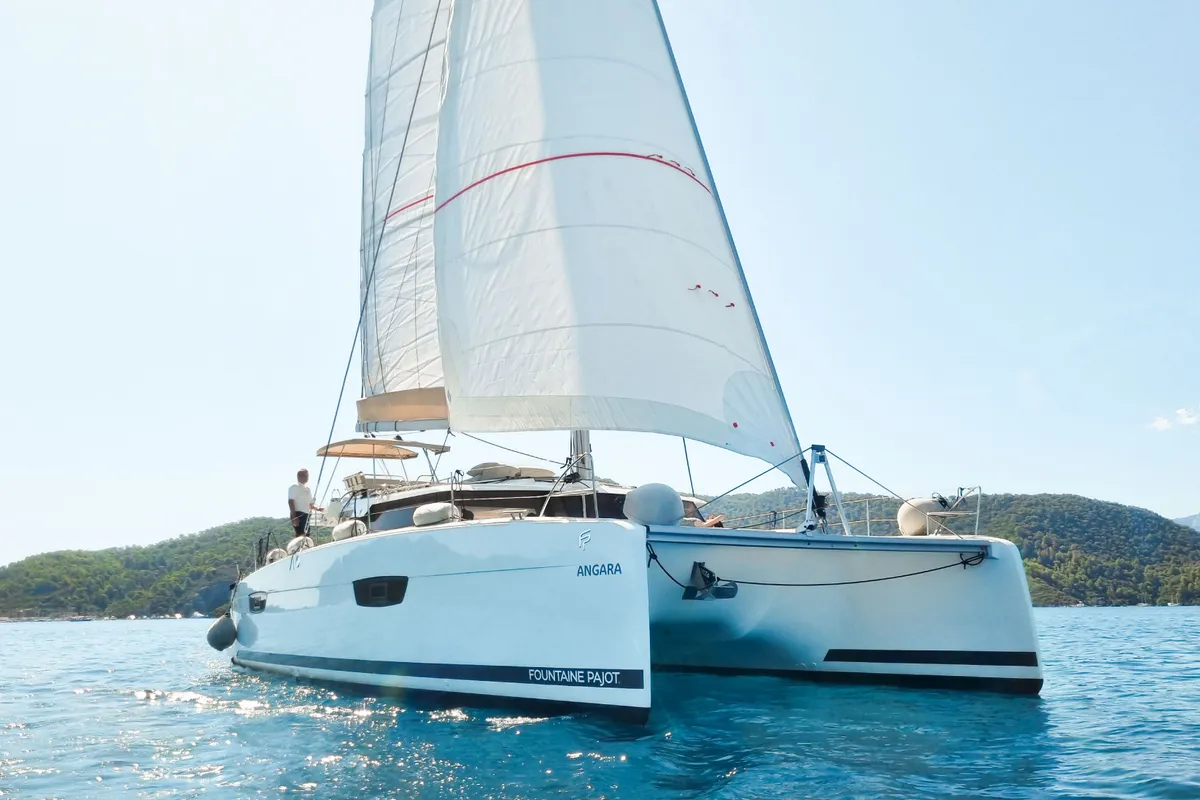 Exterior view of Angara, a Fountaine Pajot Tanna 47 catamaran at Marmaris, Turkey