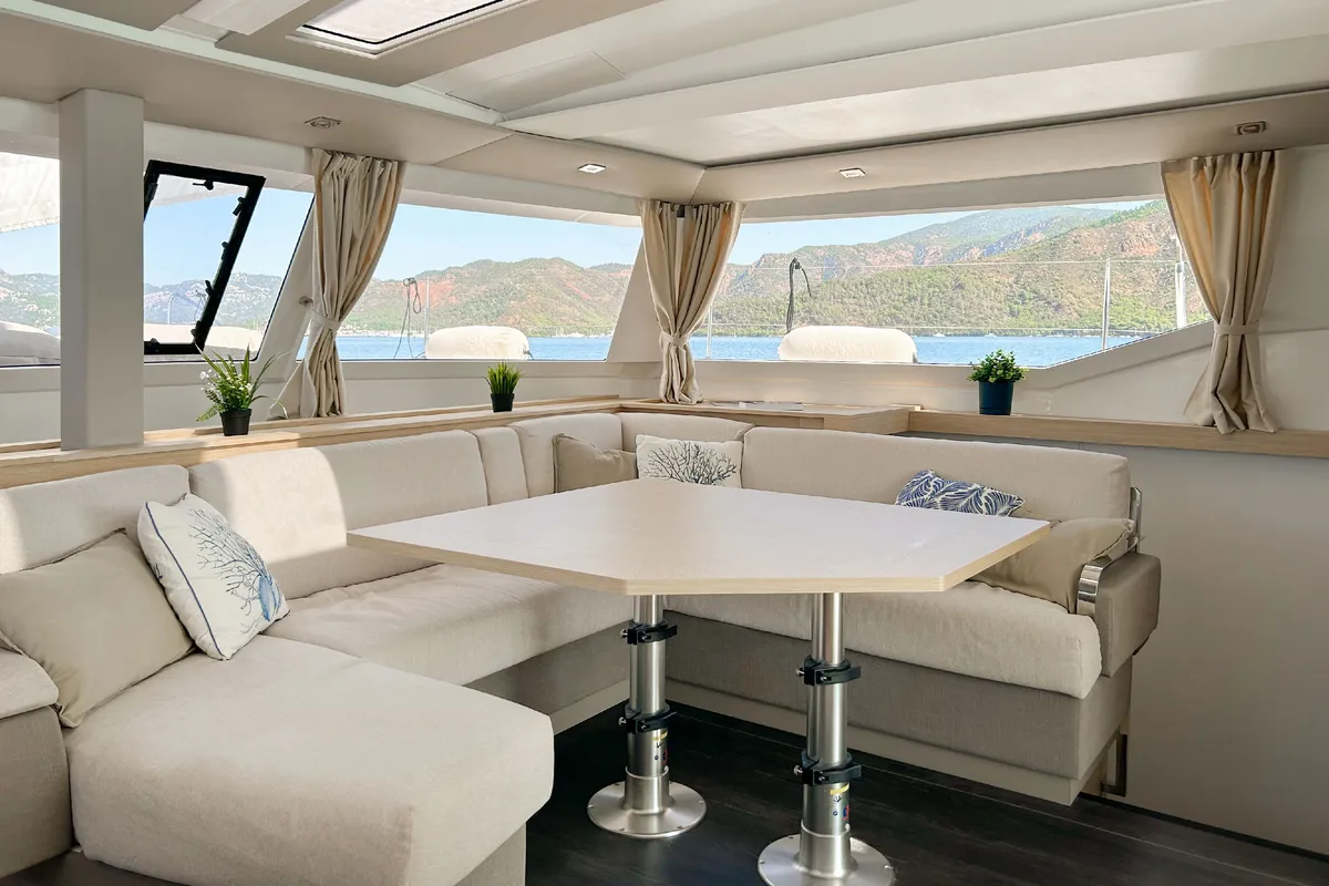 Salon of Angara, a Fountaine Pajot Tanna 47 catamaran at Marmaris, Turkey