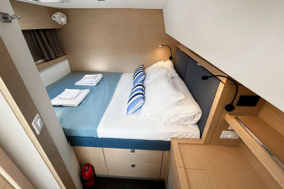 Cabin on Angara, a Fountaine Pajot Tanna 47 catamaran at Marmaris, Turkey
