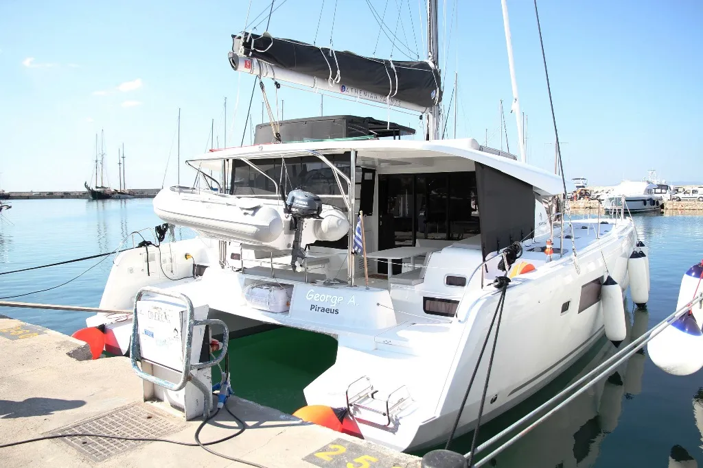 Exterior view of George A, a Lagoon 42 catamaran at Kos, Greece