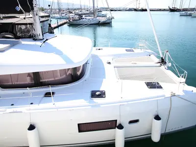Deck of George A, a Lagoon 42 catamaran at Kos, Greece