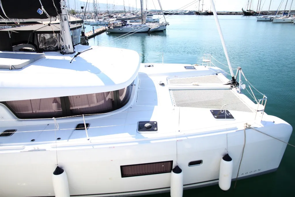 Deck of George A, a Lagoon 42 catamaran at Kos, Greece