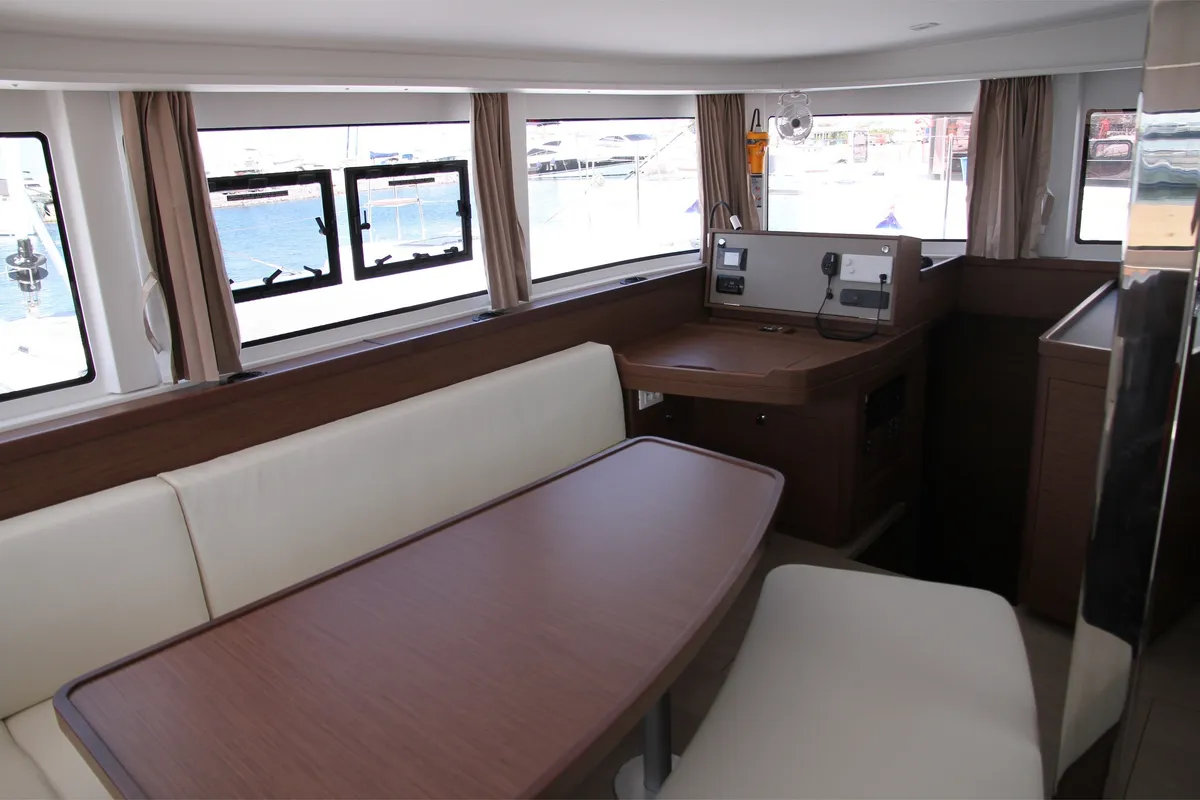 Salon of George A, a Lagoon 42 catamaran at Kos, Greece