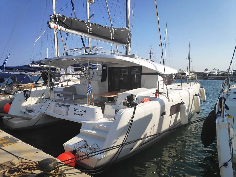 Exterior view of George A, a Lagoon 42 catamaran at Kos, Greece