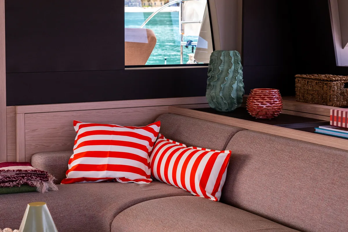 Salon of Sailuxe - Gloria, a Lagoon Sixty 5 catamaran at Capo d'Orlando, Italy