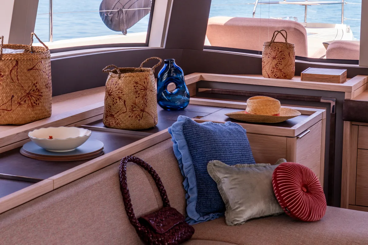 Salon of Sailuxe - Gloria, a Lagoon Sixty 5 catamaran at Capo d'Orlando, Italy
