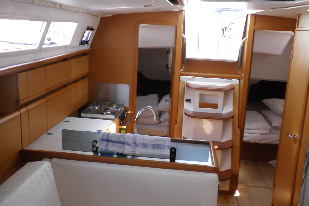 Galley of Paloma, a Jeanneau Sun Odyssey 379 sailboat at Općina Sukošan, Croatia