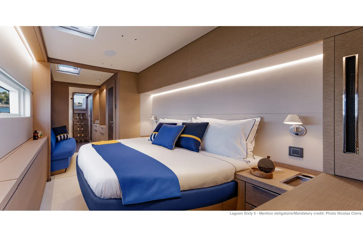 Cabin on Sailuxe - Aura, a Lagoon Sixty 5 catamaran at Salerno, Italy