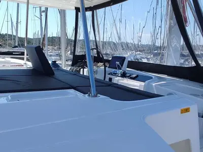 Cockpit of Rocky, a Lagoon 46 catamaran at Lavrion, Greece