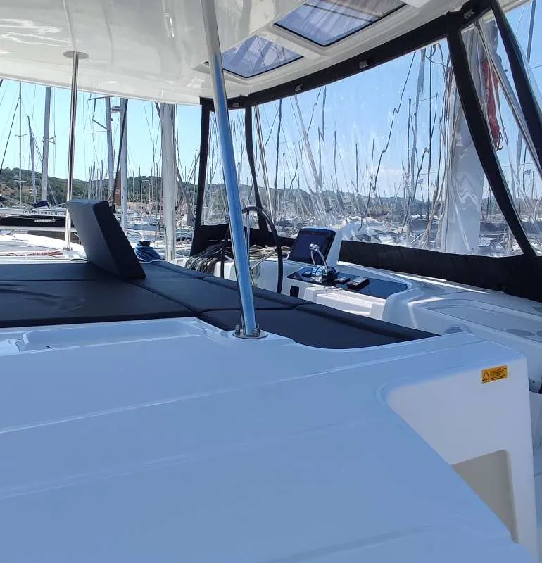 Cockpit of Rocky, a Lagoon 46 catamaran at Lavrion, Greece