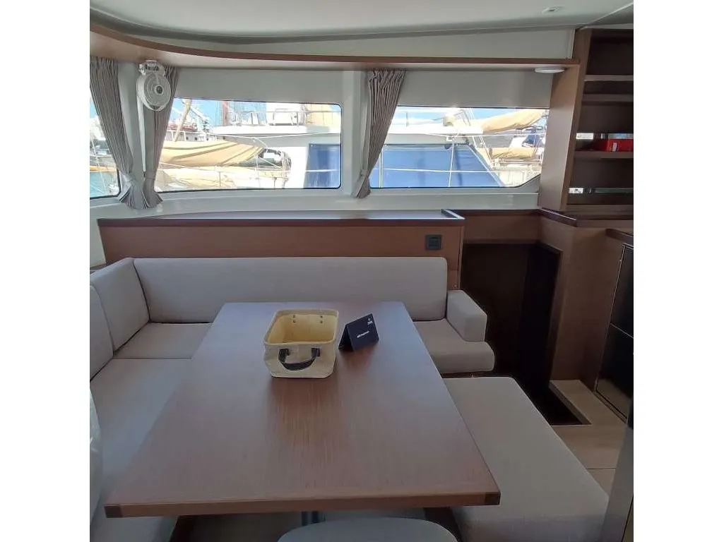 Salon of Rocky, a Lagoon 46 catamaran at Lavrion, Greece