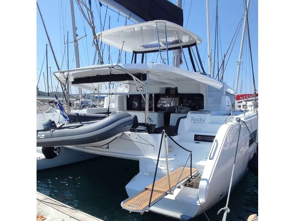 Exterior view of Rocky, a Lagoon 46 catamaran at Lavrion, Greece