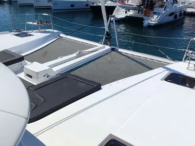 Deck of Rocky, a Lagoon 46 catamaran at Lavrion, Greece
