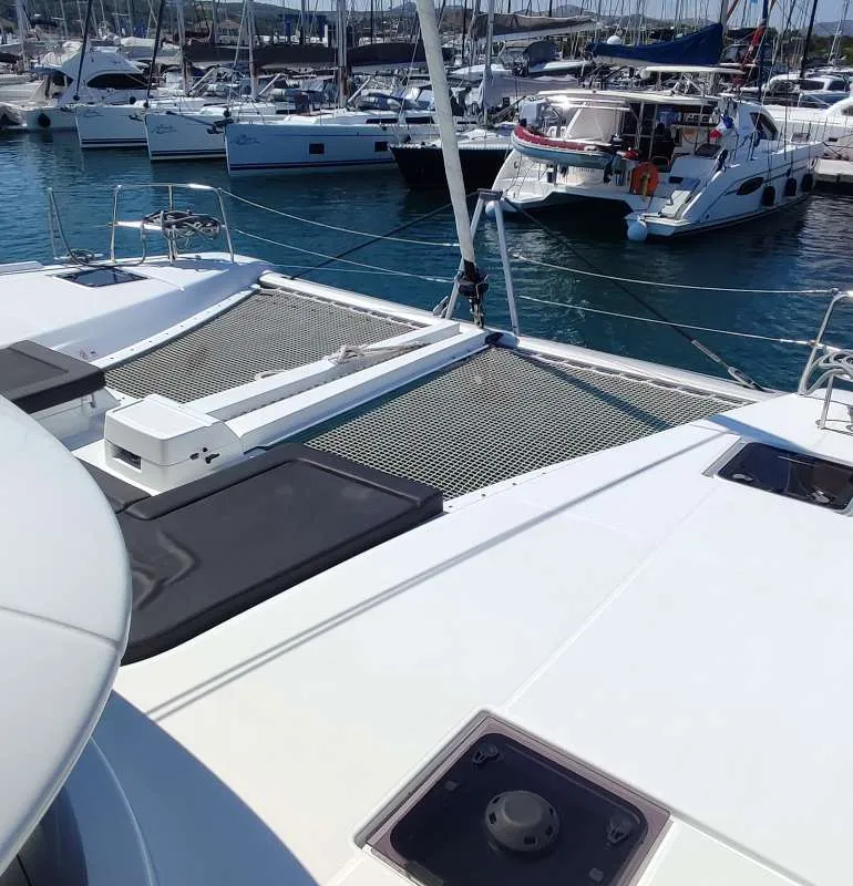 Deck of Rocky, a Lagoon 46 catamaran at Lavrion, Greece