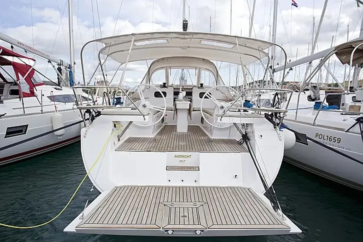 Exterior view of Midnight, a Elan Impression 45 sailboat at Grad Trogir, Croatia