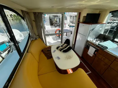 Salon of Piano, a Nicols Estivale Duo motorboat at Grez-Neuville, France