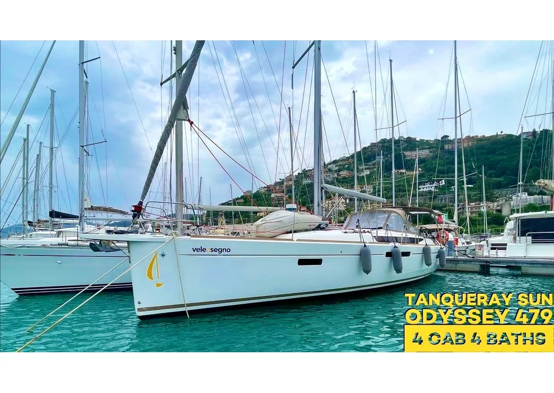 Exterior view of Tanqueray, a Jeanneau Sun Odyssey 479 sailboat at Capo d'Orlando, Italy