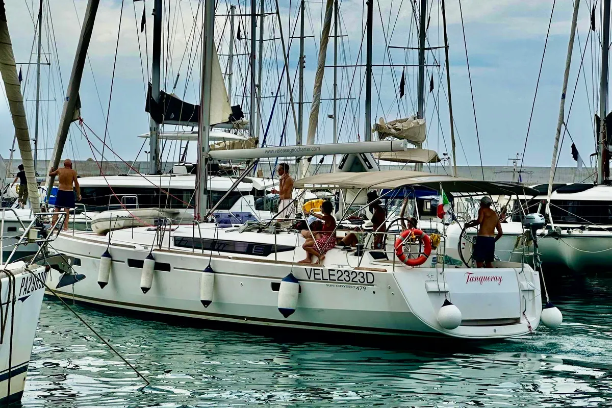 Exterior view of Tanqueray, a Jeanneau Sun Odyssey 479 sailboat at Capo d'Orlando, Italy
