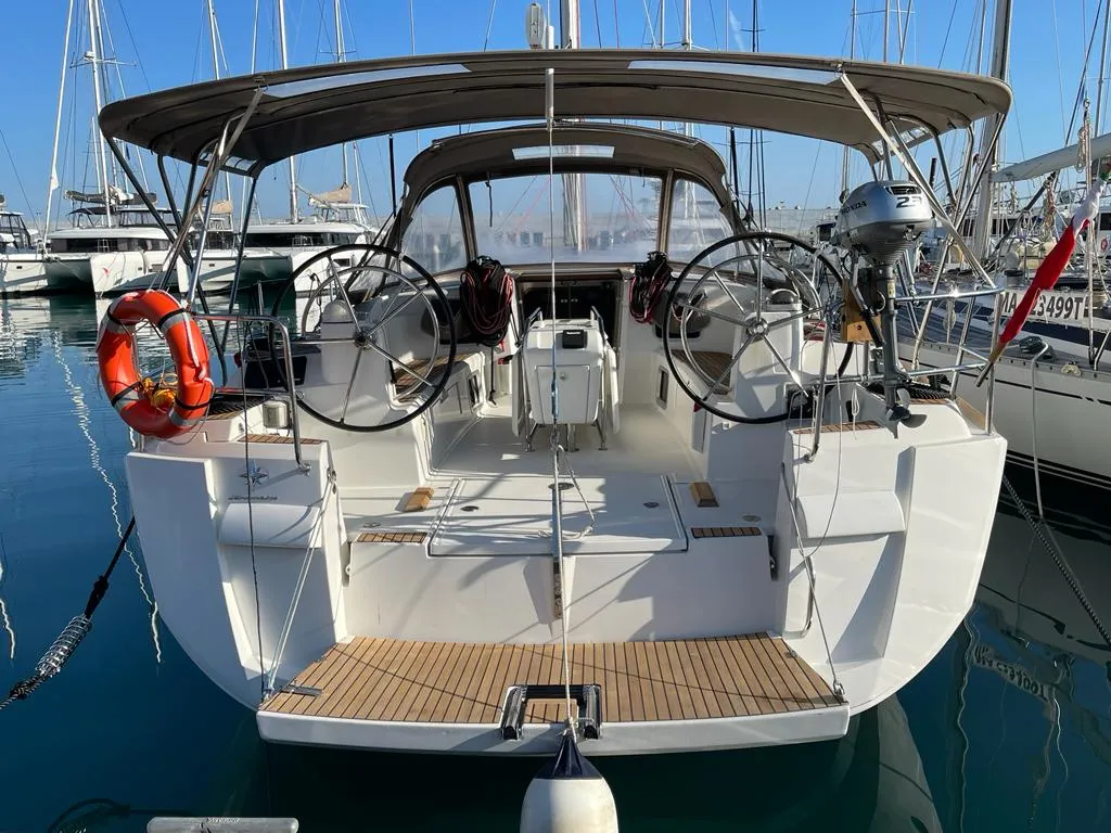 Cockpit of Tanqueray, a Jeanneau Sun Odyssey 479 sailboat at Capo d'Orlando, Italy