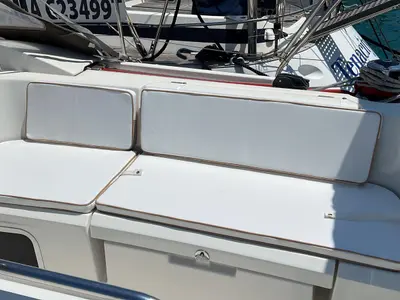 Deck of Tanqueray, a Jeanneau Sun Odyssey 479 sailboat at Capo d'Orlando, Italy