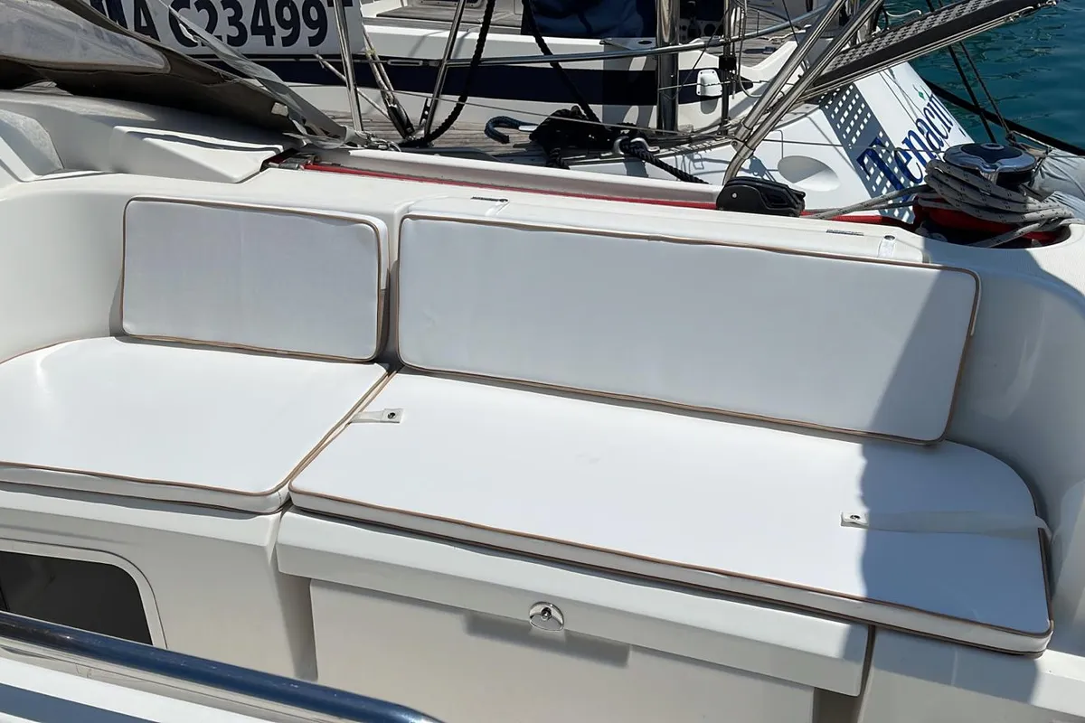 Deck of Tanqueray, a Jeanneau Sun Odyssey 479 sailboat at Capo d'Orlando, Italy