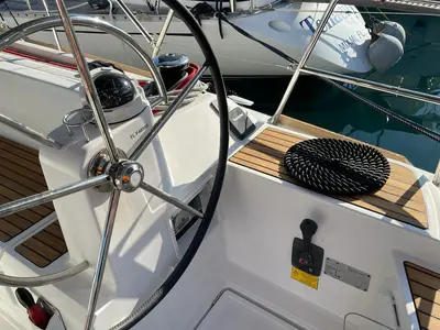 Cockpit of Tanqueray, a Jeanneau Sun Odyssey 479 sailboat at Capo d'Orlando, Italy