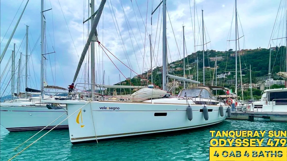 Exterior view of Tanqueray, a Jeanneau Sun Odyssey 479 sailboat at Capo d'Orlando, Italy