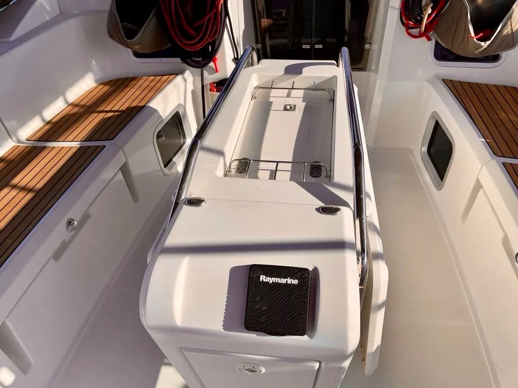 Deck of Tanqueray, a Jeanneau Sun Odyssey 479 sailboat at Capo d'Orlando, Italy