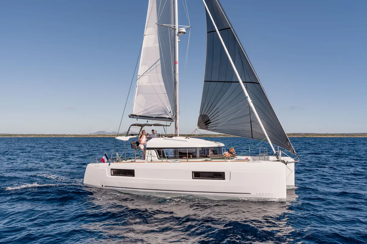 Exterior view of Bubi, a Lagoon 40 catamaran at La Spezia, Italy