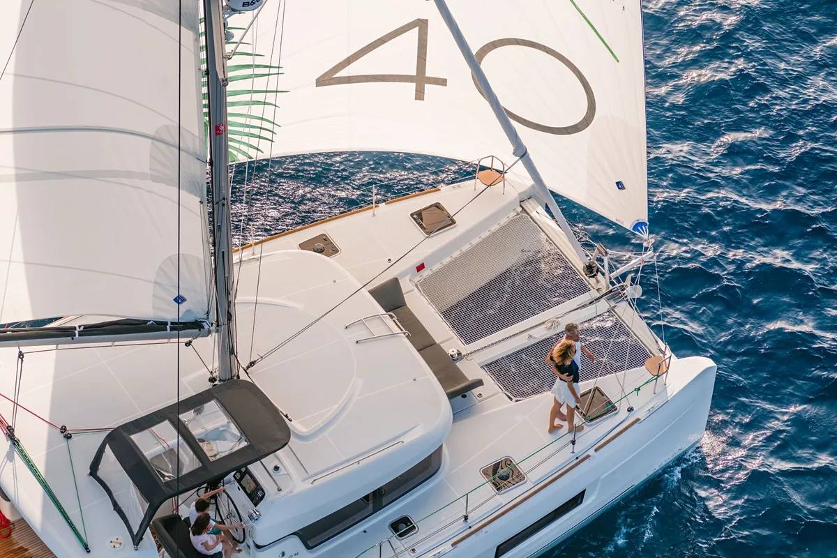 Exterior view of Bubi, a Lagoon 40 catamaran at La Spezia, Italy