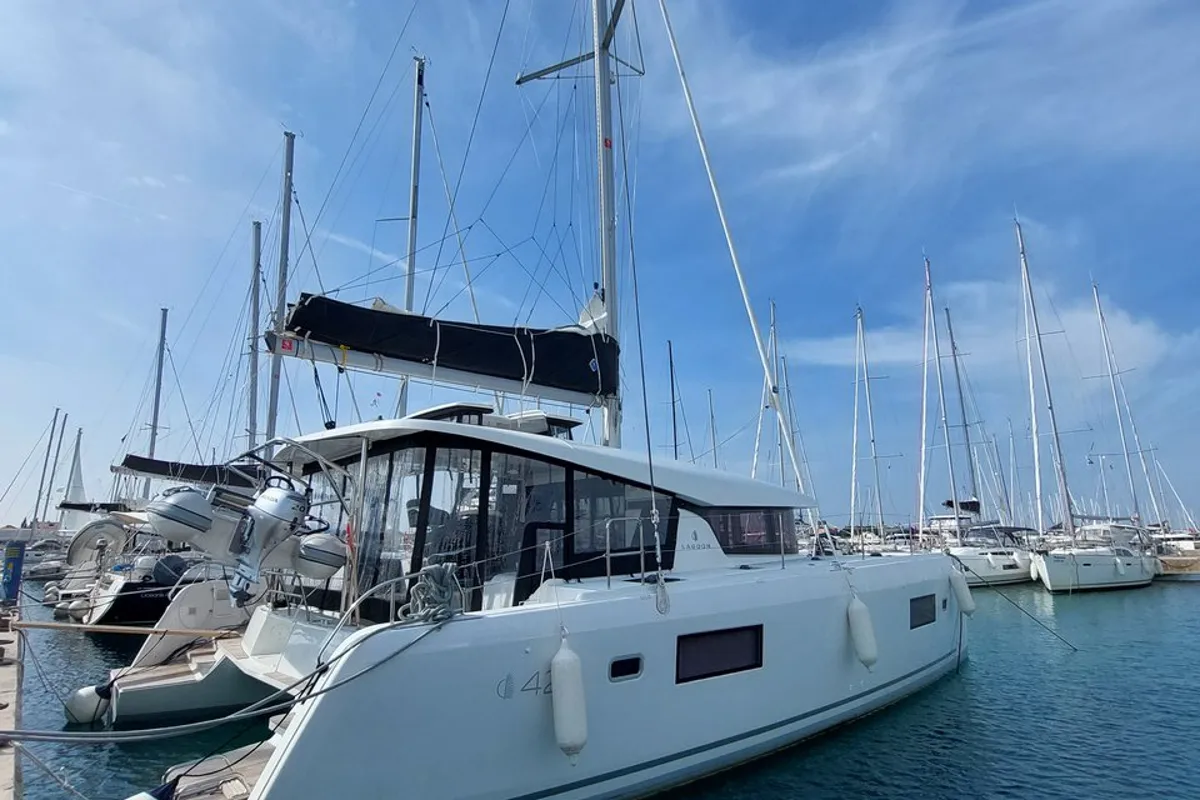 Exterior view of Dalmatia Sunrise, a Lagoon 42 catamaran at Sukošan, Croatia