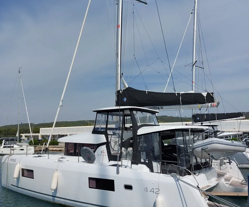 Exterior view of Dalmatia Sunrise, a Lagoon 42 catamaran at Sukošan, Croatia