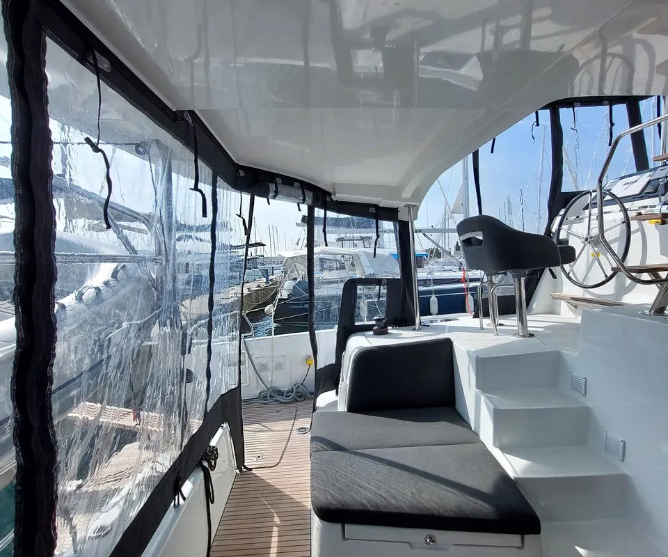 Cockpit of Dalmatia Sunrise, a Lagoon 42 catamaran at Sukošan, Croatia