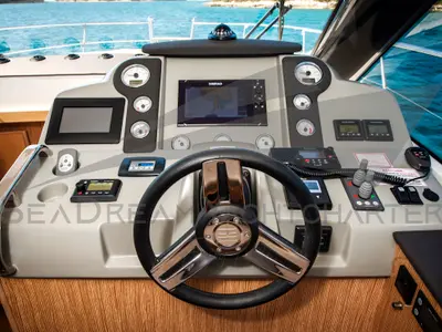 Cockpit of SUNSHINE, a Bavaria Virtess 420 Fly motorboat at Općina Sukošan, Croatia