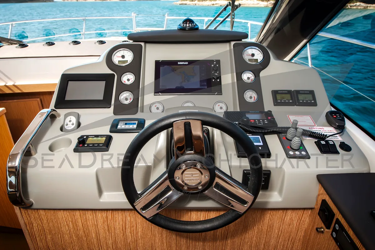 Cockpit of SUNSHINE, a Bavaria Virtess 420 Fly motorboat at Općina Sukošan, Croatia