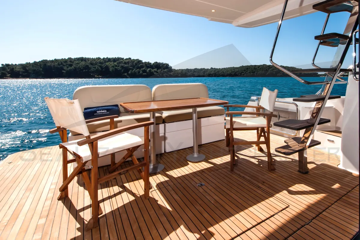 Deck of SUNSHINE, a Bavaria Virtess 420 Fly motorboat at Općina Sukošan, Croatia