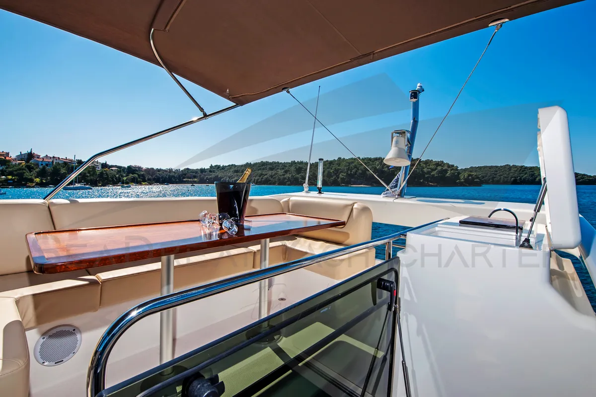 Deck of SUNSHINE, a Bavaria Virtess 420 Fly motorboat at Općina Sukošan, Croatia