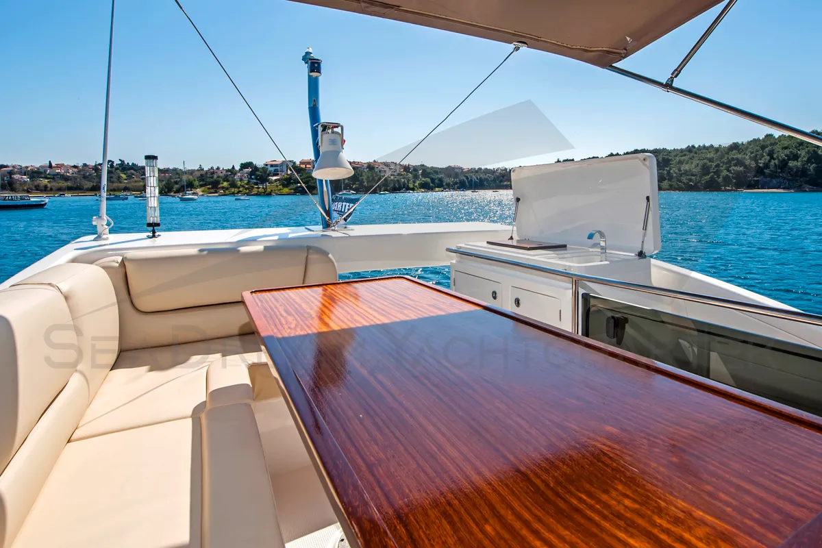 Deck of SUNSHINE, a Bavaria Virtess 420 Fly motorboat at Općina Sukošan, Croatia