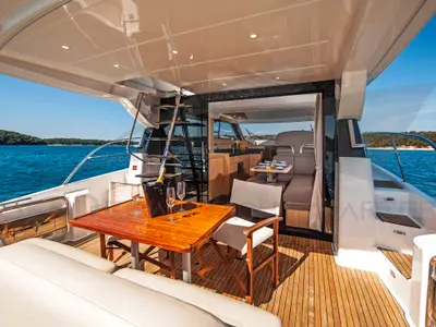 Deck of SUNSHINE, a Bavaria Virtess 420 Fly motorboat at Općina Sukošan, Croatia