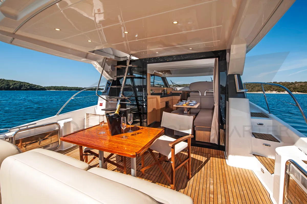 Deck of SUNSHINE, a Bavaria Virtess 420 Fly motorboat at Općina Sukošan, Croatia