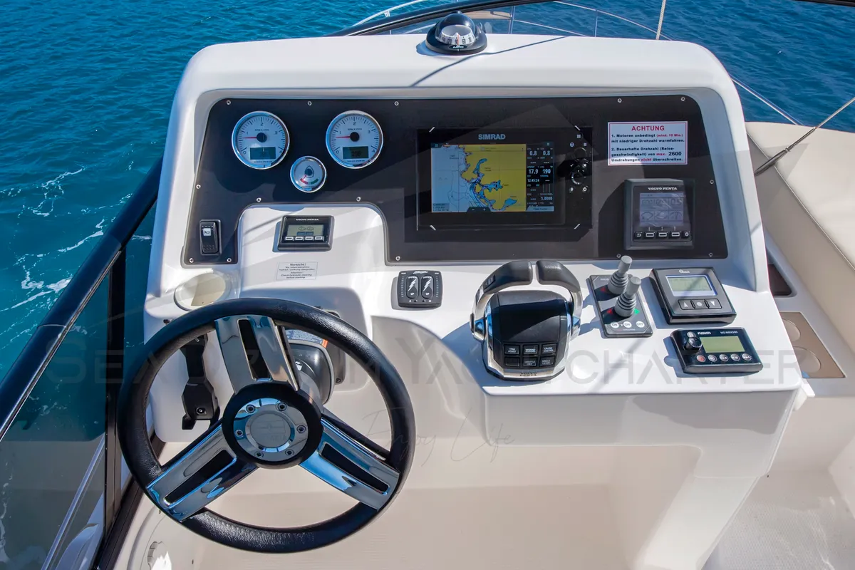 Cockpit of SUNSHINE, a Bavaria Virtess 420 Fly motorboat at Općina Sukošan, Croatia
